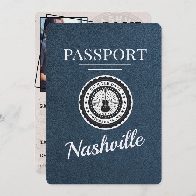 Navy Blue Nashville Passport Save The Date (Front/Back)