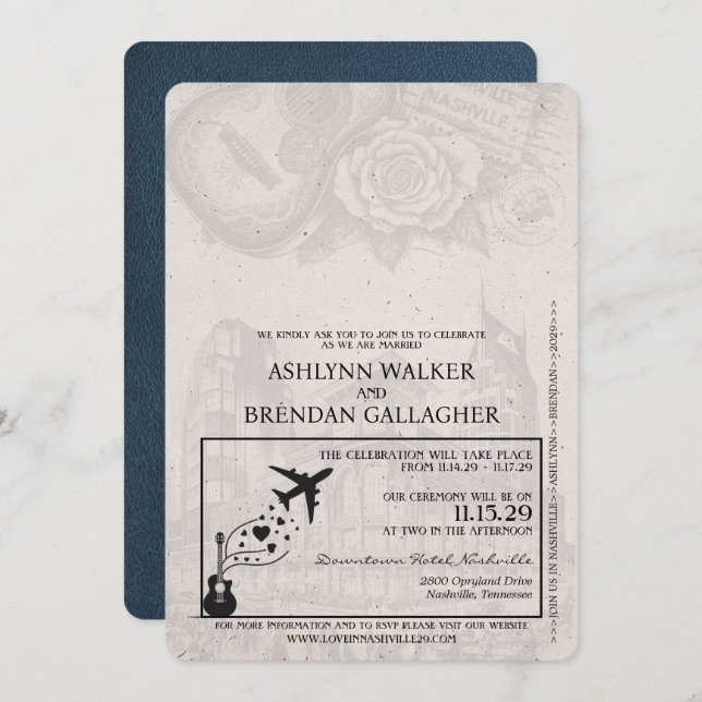 Navy Blue Nashville Passport Wedding Invitation (Front/Back)