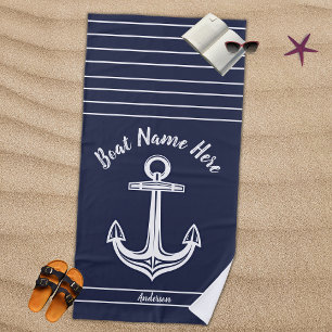 Navy Blue Nautical Anchor Add Boat Name Beach Towel