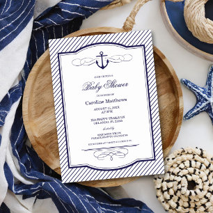 Navy Blue Nautical Anchor and Stripes Baby Shower Invitation
