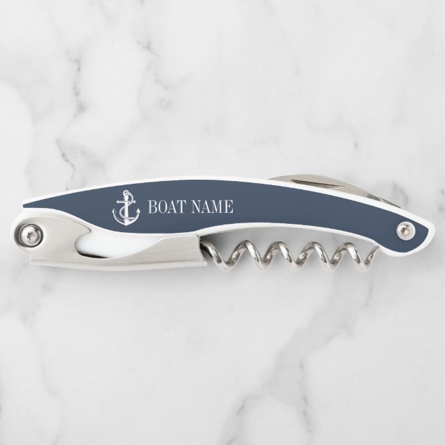Navy Blue Nautical Anchor Boat Name Corkscrew (Front)