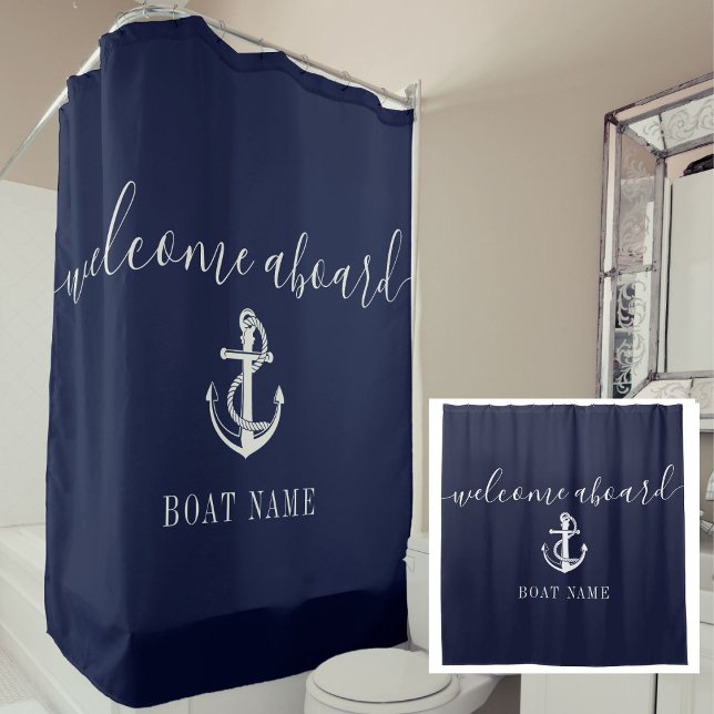 Navy Blue Nautical Anchor Boat Name Welcome Aboard Shower Curtain (Navy Blue Nautical Anchor Boat Name Welcome Aboard Shower Curtain)