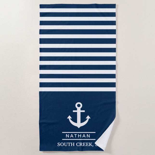 Navy Blue Nautical Anchor Custom Monogram Name  Beach Towel (Front)