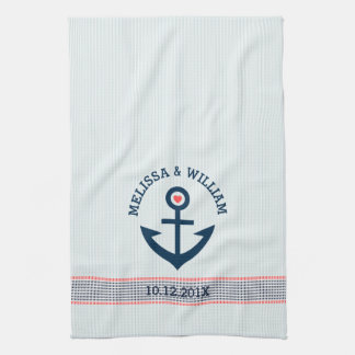 Navy Blue Nautical Anchor & Decorative Stripes Tea Towel
