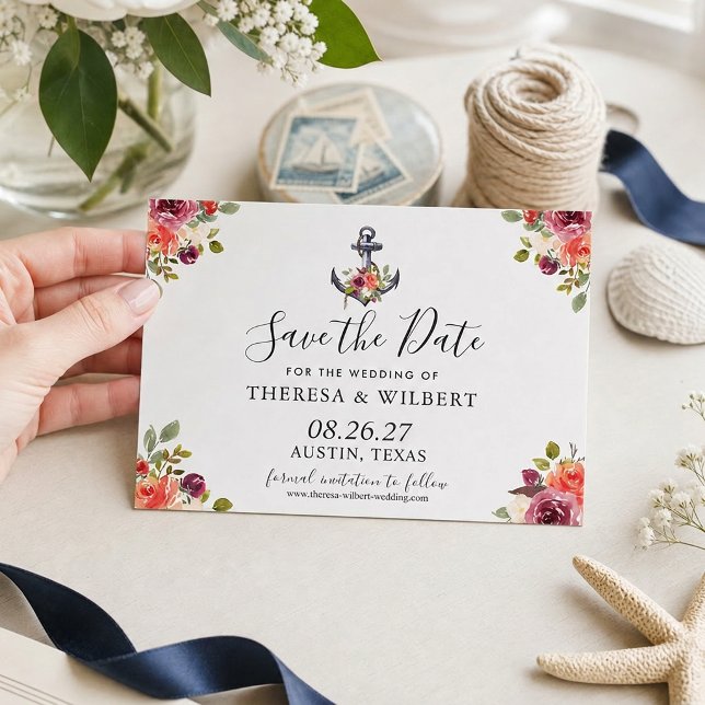 Navy Blue Nautical Anchor Floral Save The Date (Creator Uploaded)