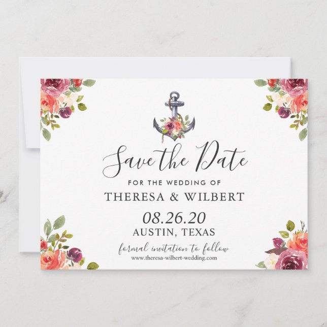 Navy Blue Nautical Anchor Floral Save The Date (Front)