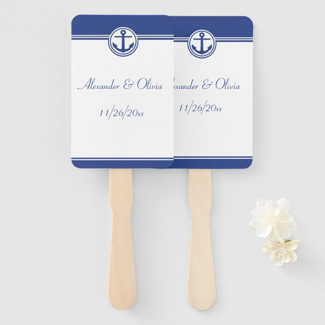 Navy Blue Nautical Anchor Hand Fan (Front and Back)