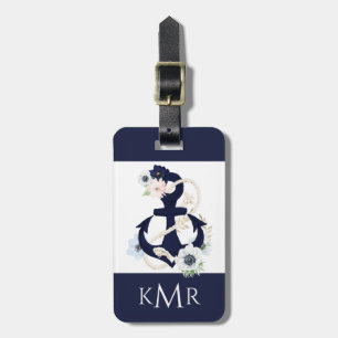 Navy blue nautical anchor marina floral bloom luggage tag