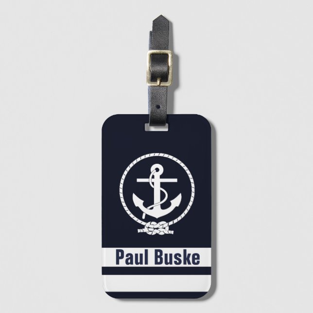 Navy Blue Nautical Anchor Monogram Luggage Tag (Front Vertical)