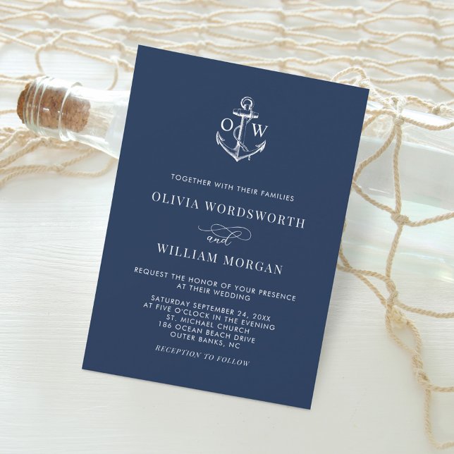 Navy Blue Nautical Anchor Monogram Minimal Wedding Invitation (Creator Uploaded)