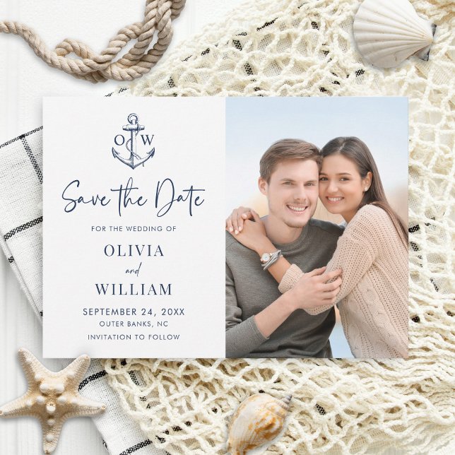 Navy Blue Nautical Anchor Monogram Wedding Photo Save The Date (Creator Uploaded)