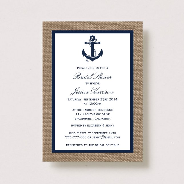 Navy Blue Nautical Anchor On Burlap Bridal Shower Invitation (Creator Uploaded)