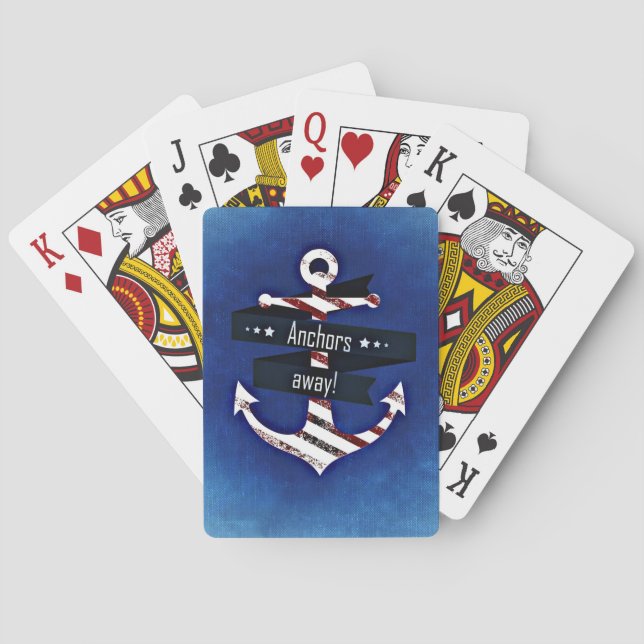 Navy Blue Nautical Anchor Playing Cards (Back)