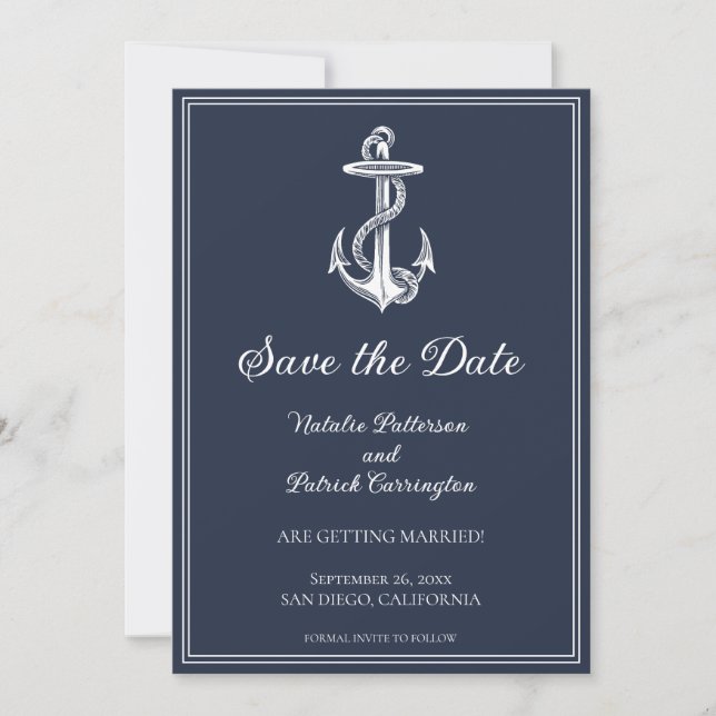 Navy Blue Nautical Anchor Save the Date Invitation (Front)