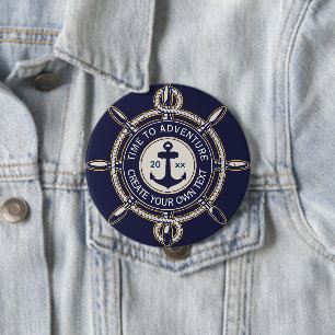 Navy Blue Nautical Anchor & Ship's Wheel Adventure 10 Cm Round Badge