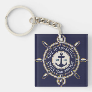 Navy Blue Nautical Anchor & Ship's Wheel Adventure Key Ring