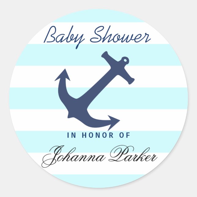Navy Blue Nautical Anchor Stripes Baby Shower Classic Round Sticker (Front)