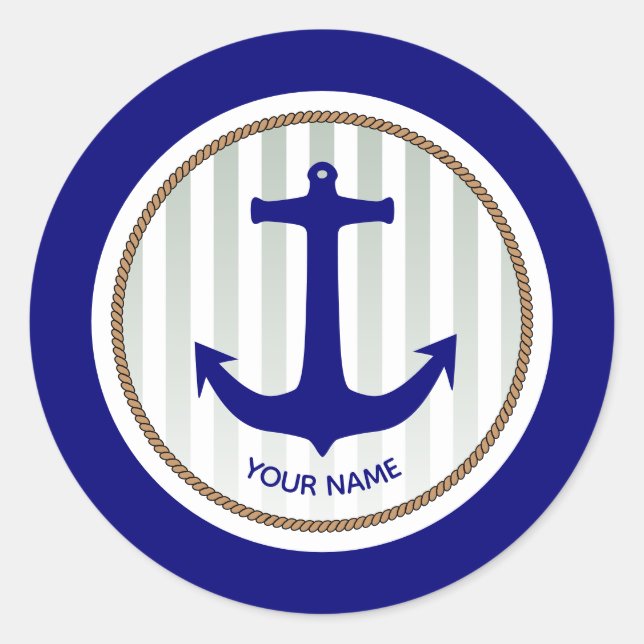 Navy Blue Nautical Anchor Stripes Classic Round Sticker (Front)