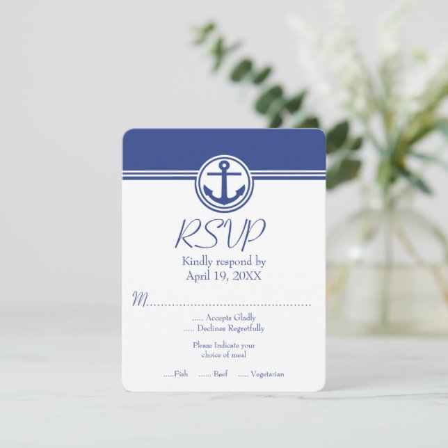 Navy Blue Nautical Anchor Wedding RSVP Card (Standing Front)