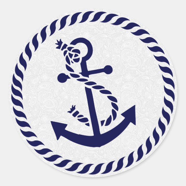 Navy Blue Nautical Anchor & Wreath Classic Round Sticker (Front)