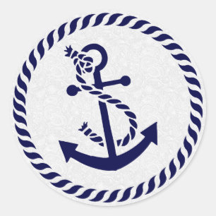 Navy Blue Nautical Anchor & Wreath Classic Round Sticker