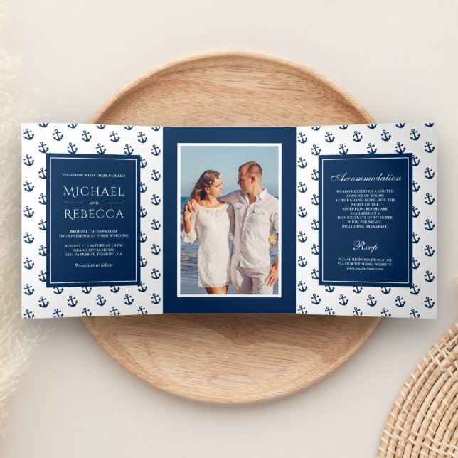 Navy Blue Nautical Anchors Photo Wedding Tri-Fold Invitation (Creator Uploaded)