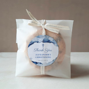 Navy Blue Nautical Baptism Thank You With Cross Square Sticker