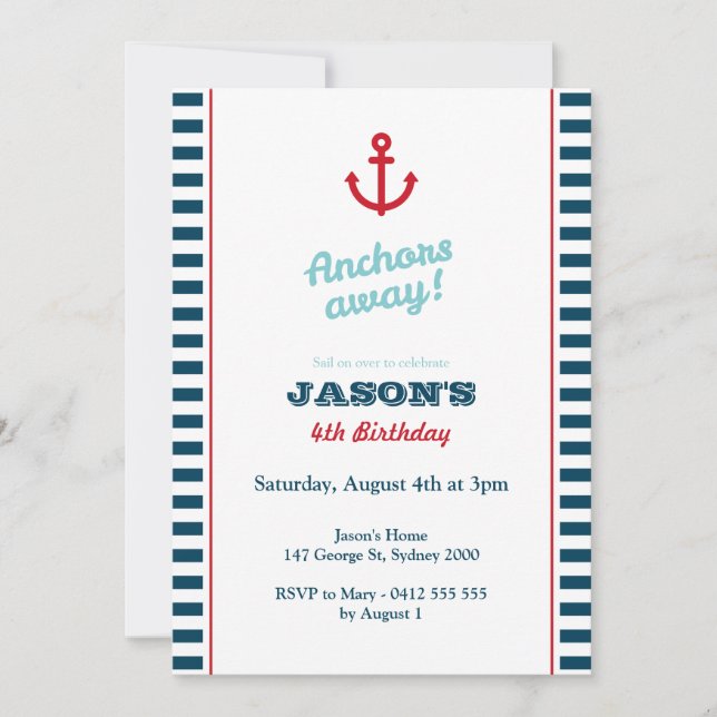 Navy Blue Nautical Birthday Invitation (Front)