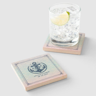 Navy Blue Nautical Boat Anchor Abstract Waves Stone Coaster