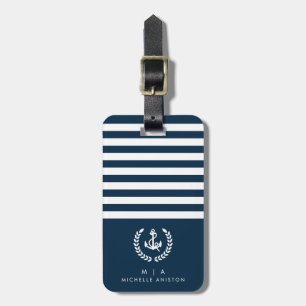 Navy Blue Nautical Boat Anchor Monogram Custom Luggage Tag