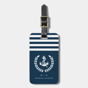 Navy Blue Nautical Boat Anchor Monogram Custom Luggage Tag