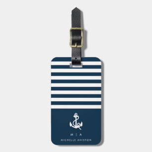 Navy Blue Nautical Boat Anchor Monogram Custom Luggage Tag