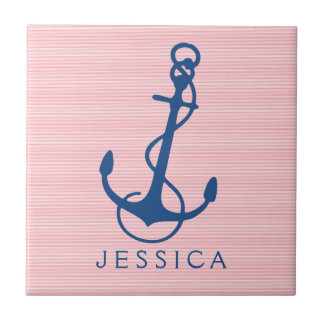 Navy Blue Nautical Boat Anchor On Pink Tile