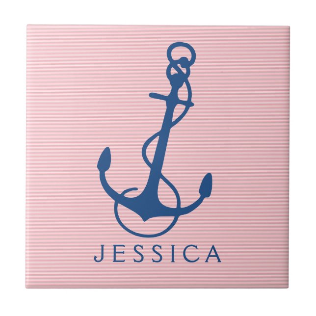 Navy Blue Nautical Boat Anchor On Pink Tile (Front)
