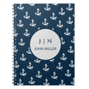 Navy Blue Nautical Boat Anchor Pattern Monogram Notebook