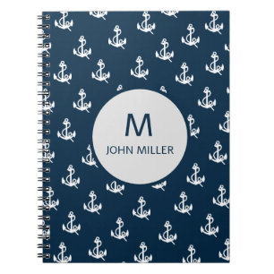 Navy Blue Nautical Boat Anchor Pattern Monogram Notebook