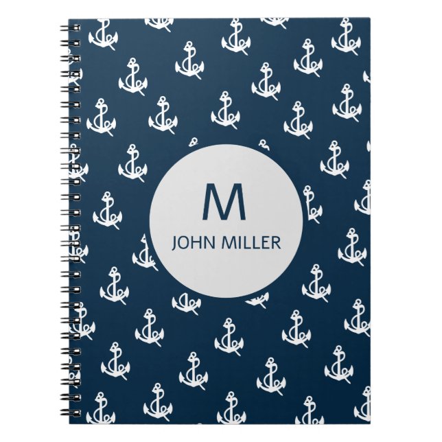 Navy Blue Nautical Boat Anchor Pattern Monogram  Notebook (Front)