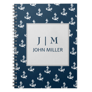 Navy Blue Nautical Boat Anchor Pattern Monogram Notebook