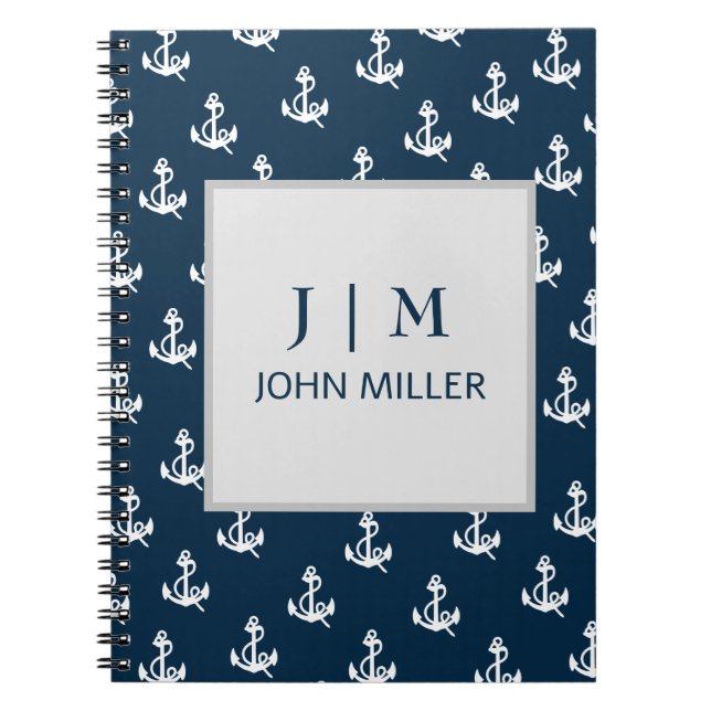 Navy Blue Nautical Boat Anchor Pattern Monogram Notebook (Front)