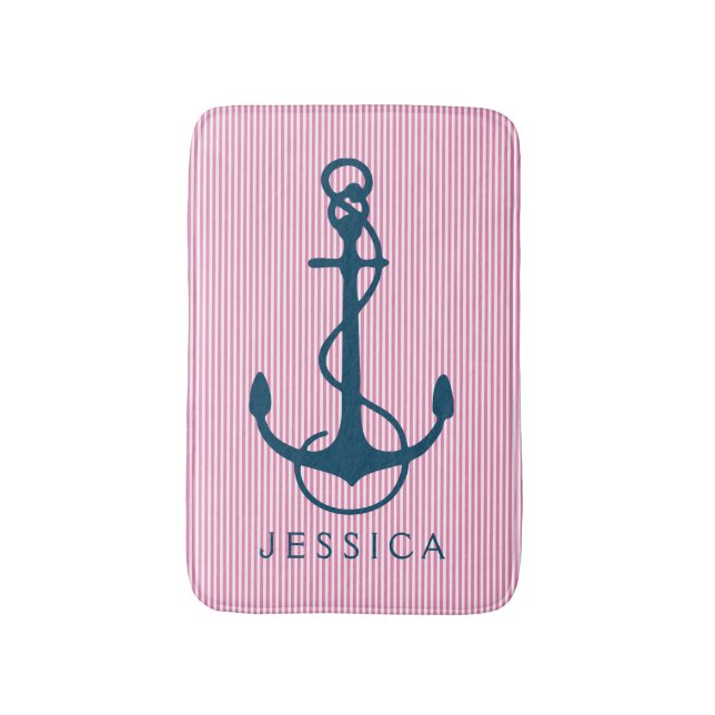Navy Blue Nautical Boat Anchor & Pink Stripes Bath Mat (Front Vertical)