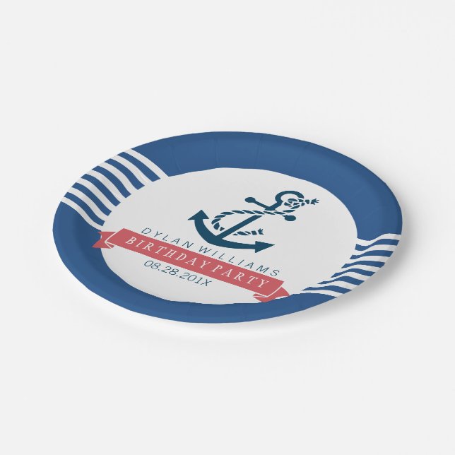 Navy Blue Nautical Boat Anchor & Stripes Paper Plate (Angled)