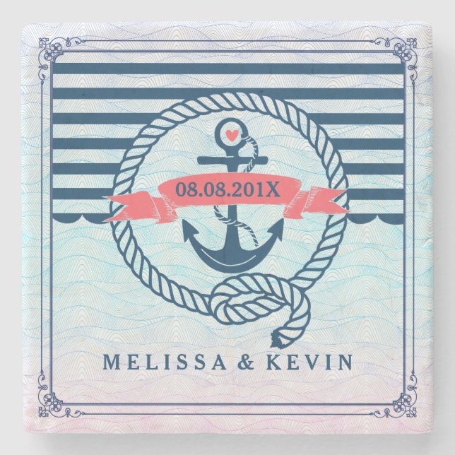 Navy Blue Nautical Boat Anchor With Knot Stone Coaster (Front)