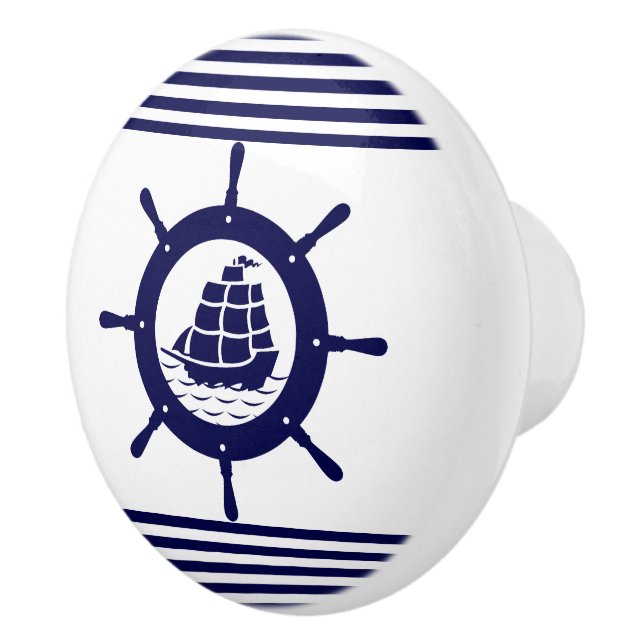 Navy Blue Nautical Boat Wheel And Stripes Ceramic Knob (Right)