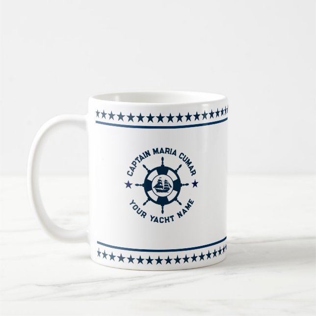 Navy Blue Nautical Boat Wheel Blue Stars Coffee Mug (Left)