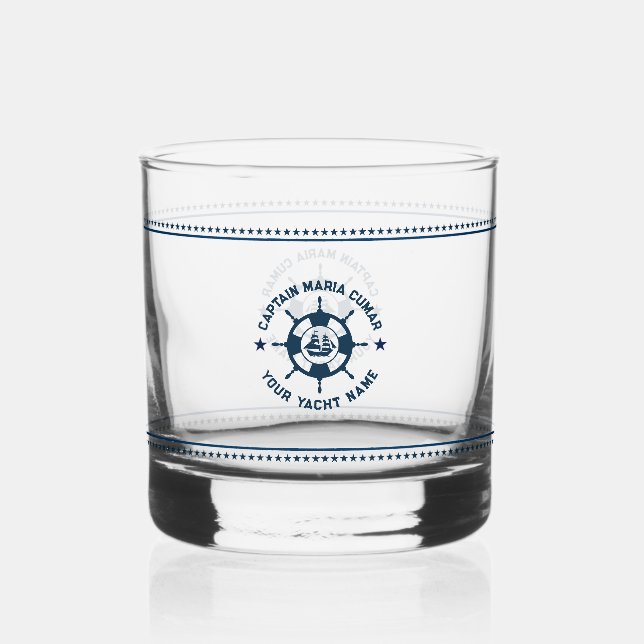 Navy Blue Nautical Boat Wheel Blue Stars Whiskey Glass (Front)
