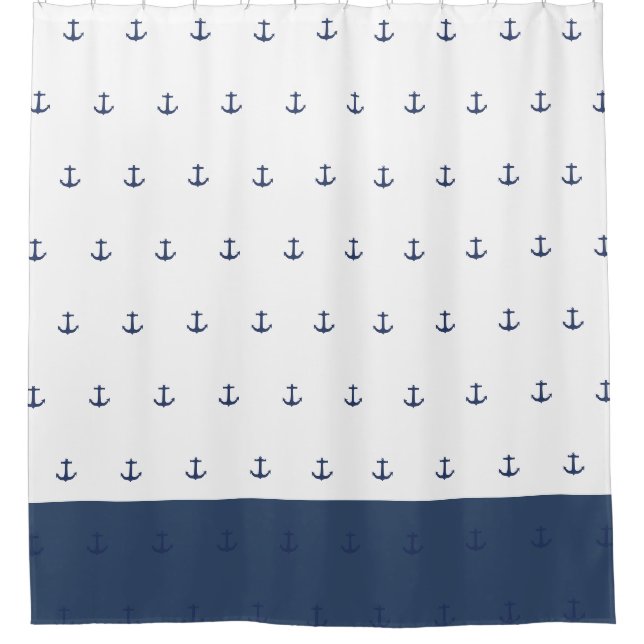 Navy Blue Nautical Classic Anchor Shower Curtain (Front)