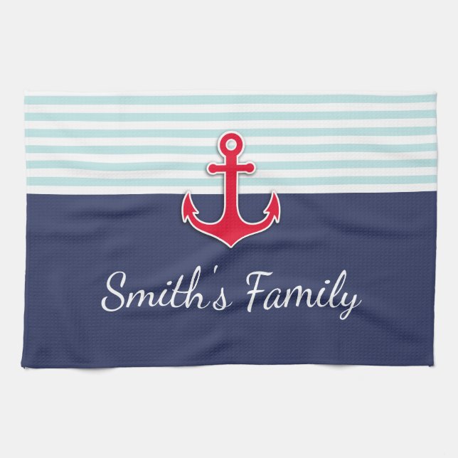 Navy Blue Nautical Design Custom Family Name Tea Towel (Horizontal)