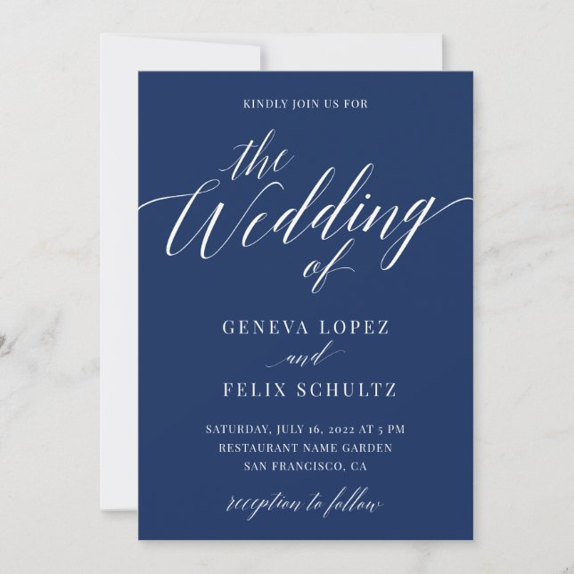 Navy Blue Nautical Elegant Calligraphy Wedding  In Invitation (Front)