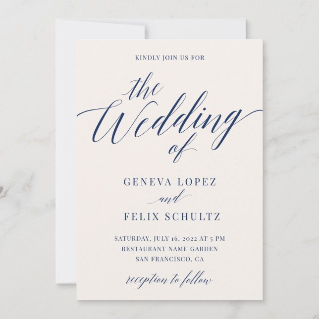 Navy Blue Nautical Elegant Calligraphy Wedding Inv Invitation (Front)