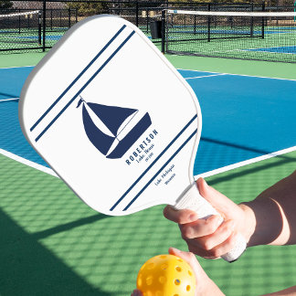 Navy Blue Nautical Family Name Lake House Pickleball Paddle